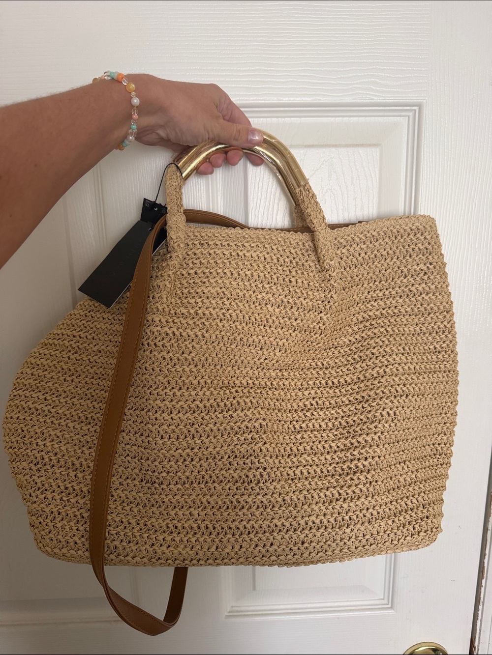 ASOS Woven Straw Tote with Gold Handles and Tan Strap